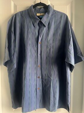 Tommy Bahama 100% Silk Blue Striped Short-Sleeve Button-Down Shirt